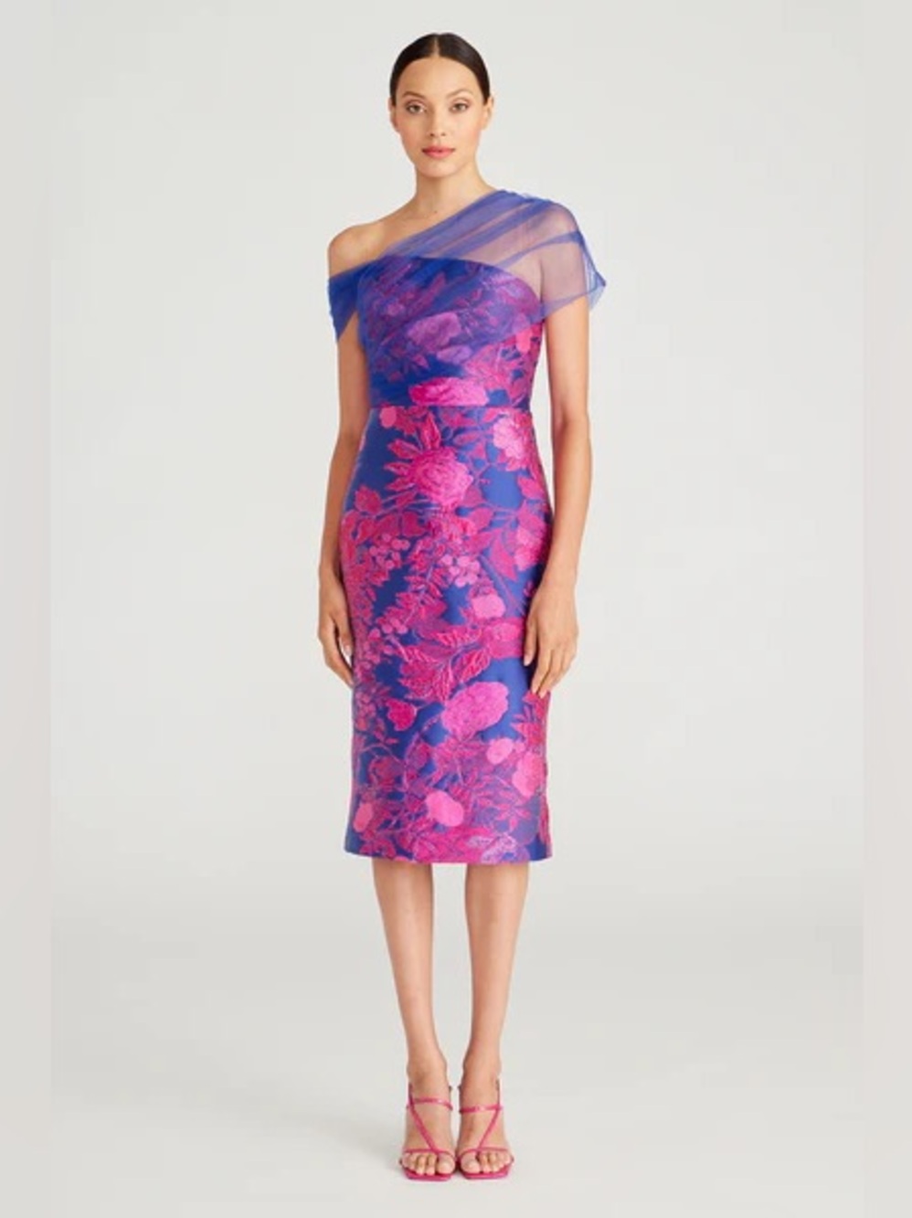Theia Ruth Draped Shawl One-Shoulder Floral Jacquard Dress in Blue and Fuchsia